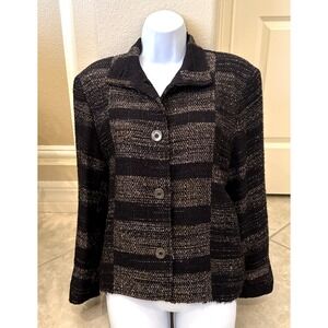 VTG Barbara Perry Jacket Button Up Lagenlook  Black Brown Woven Plaid Sz  S *see